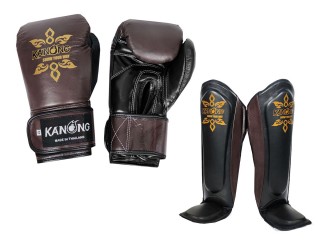 Kanong Cow Skin Leather Boxing Gloves + Shin Pads : Brown/Black